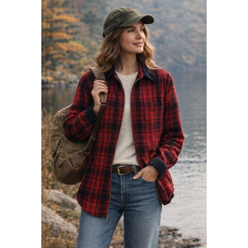 Coldwater Creek Red Plaid Flannel Jacket Medium Corduroy Collar Cuffs Zip Front